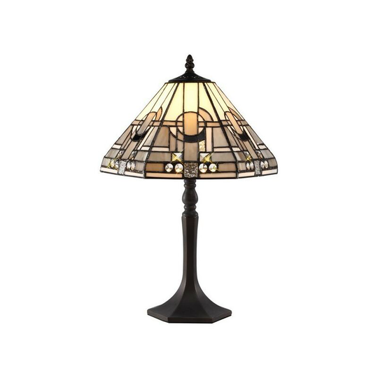 Luminosa Lighting - 1 Light Octagonal Table Lamp E27 With 30cm Tiffany Shade, White, Grey, Black, Clear Crystal, Aged Antique Brass