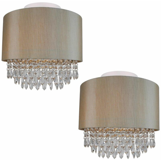 First Choice Lighting - Set of 2 Large 350mm Soft Gold Ceiling Flush Shade with Matching Inner and Clear Droplets - Polished chrome plate with clear