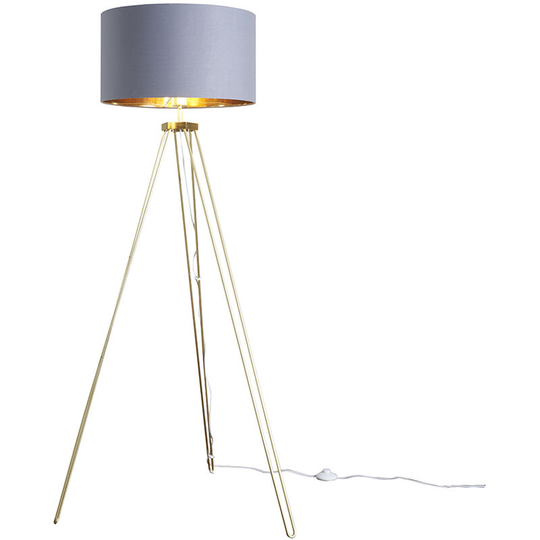 Aero Gold Metal Tripod Floor Lamp Base with Drum Shade - Grey & Gold - No Bulb