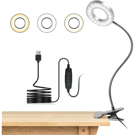 Aougo - 48 led Clamp Desk Lamp 360° Flexible Clip-on Reading Lamp 3 Light Modes & 10 Brightness Levels usb Led Desk Lamp for Study and Work,Silver