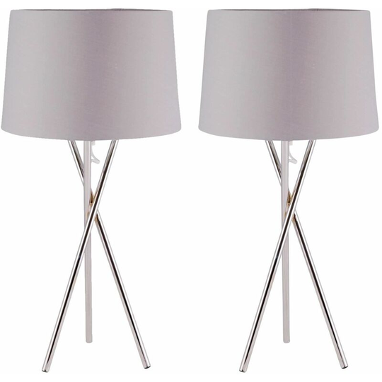 First Choice Lighting - Pair Chrome Tripod Table Lamp with Grey Fabric Shade - Polished chrome plate and grey cotton