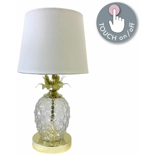 First Choice Lighting - Gold Pineapple Touch Lamp with White Shade - Polished gold plate with clear glass detail and white cotton