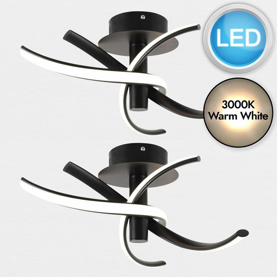 Set of 2 Matt Black LED Twist Ceiling Lights - Matt black with white plastic detail