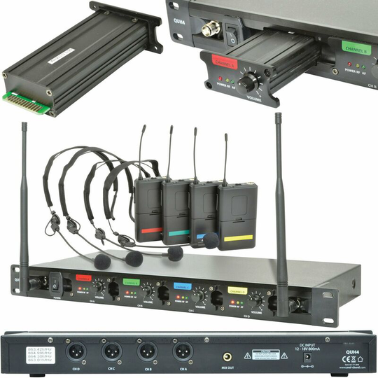 60m Quad Wireless Microphone Receiver System 4 Neckband Headset uhf Security Kit