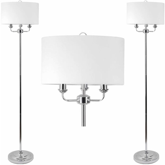 Pair of 3 Light Chrome Floor Standard Light with Light Cream Fabric Shade - Polished chrome plate and cream cotton