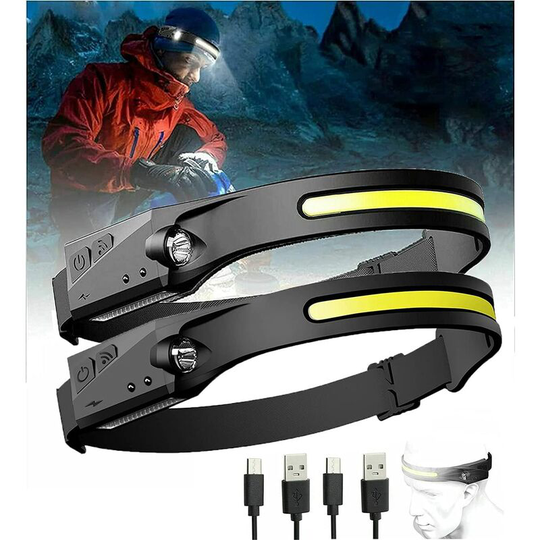 Aougo - 230° led Headlamp, Rechargeable 220 Wide Beam led Headlamp, Hi-Beam Work Light Headband, High 350 Lumens led Output, Hand Held Induction,