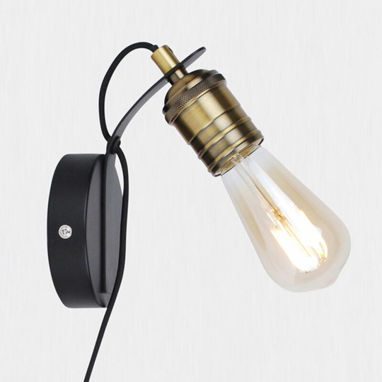 First Choice Lighting - Matt Black with Antique Brass Detail Plug In Wall Light - Matt black with antique brass plate detail