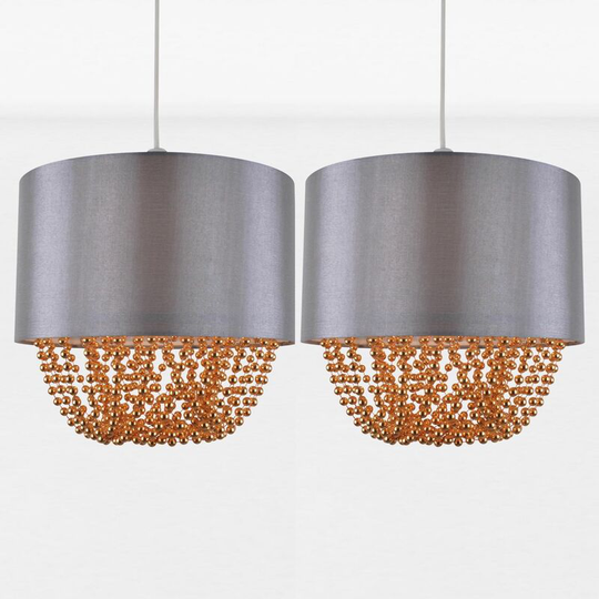 First Choice Lighting - Set of 2 Grey Faux Silk & Copper Jewelled Ceiling Light Shades - Mid grey faux silk with light copper acrylic detail