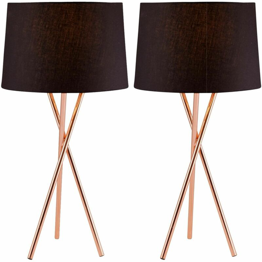 First Choice Lighting - Pair Copper Tripod Table Lamp with Black Fabric Shade - Polished copper plate and black cotton