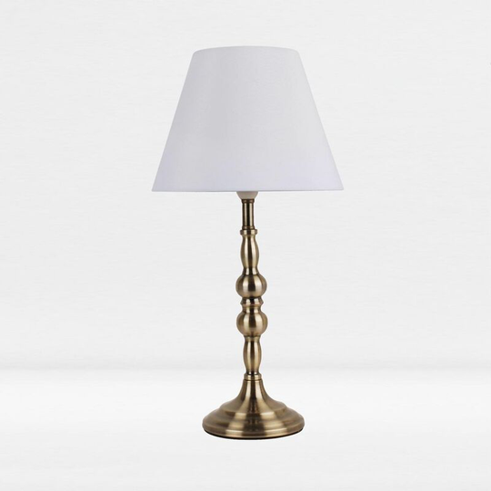 First Choice Lighting - Antique Brass Plated Bedside Table Light with Candle Column White Fabric Shade - Antique brass plate and textured white cotton