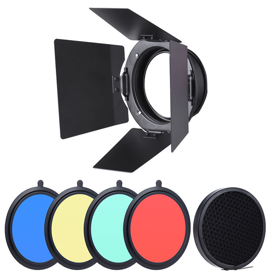 96mm Universal Mount Metal Bardoor Barn Door Barndoor with Honeycomb Grid 4pcs Color Gel Filters for Neewer Godox 180W 250W 300W Andoer MD-250 MD-300