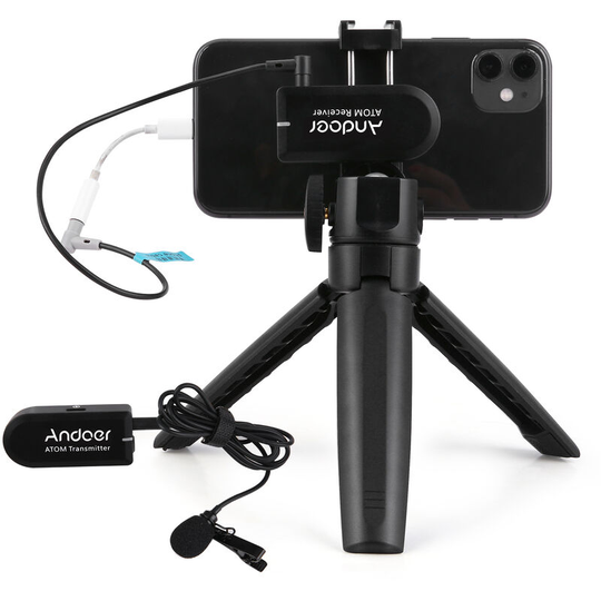 Andoer 2.4G Wireless Microphone System with Transmitter + Receiver + Clip-on Lavalier Microphone + Desktop Tripod + Phone Holder 8 Channels