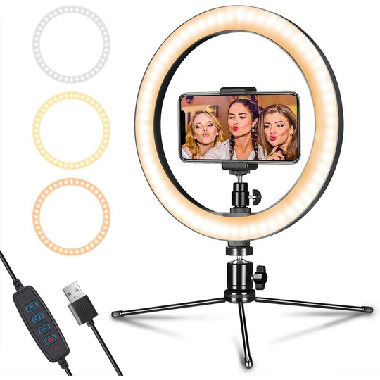 Denuotop - Studio Lighting Kits led Ring Light with Tripod and 10 Inch Cell Phone Holder for Video Recording, Makeup/Photography with 3 Light Modes