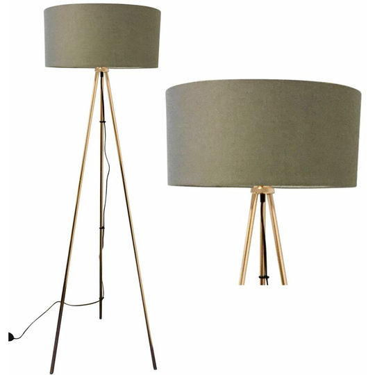 First Choice Lighting - Copper Plate Tripod Floor Lamp with Grey Fabric Shade - Polished copper plate and grey cotton
