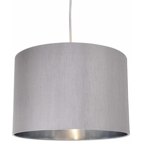 First Choice Lighting - Grey Faux Silk 30cm Drum Light Shade with Chrome Inner - Grey faux silk with chrome inner detail