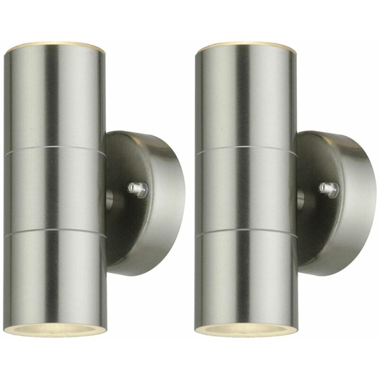 First Choice Lighting - Set of 2 Blaze - Stainless Steel Outdoor Up Down Wall Lights - Brushed stainless steel and clear glass