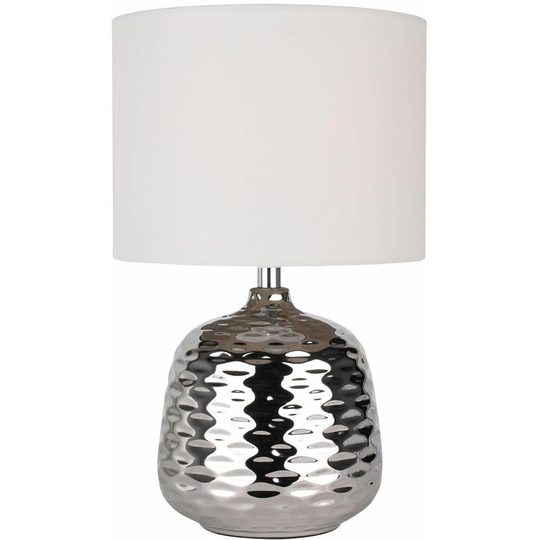First Choice Lighting - Chrome Ceramic Dimple Table Lamp with White Shade - Chrome glaze with polished chrome plate detail and white cotton