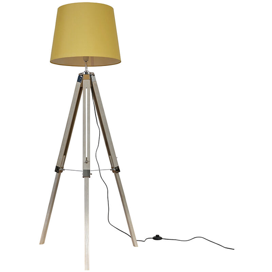Clipper Tripod Floor Lamps in Light Wood with Large Aspen Shade - Mustard