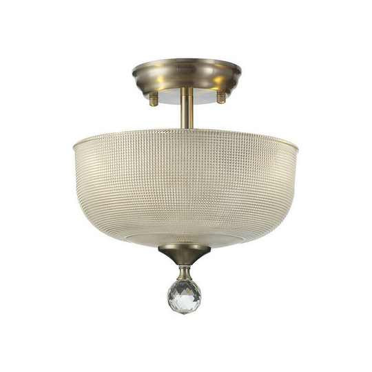 Luminosa Lighting - Luminosa Dresden 2 Light Semi Flush Ceiling Lamp E27 With Round 26.5cm Prismatic Effect Glass Shade Satin Nickel, Clear