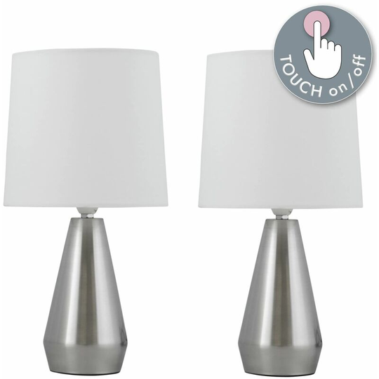 First Choice Lighting - Set of Two Brushed Chrome Touch Lamps with Ivory Shades - Brushed chrome plate and ivory cotton