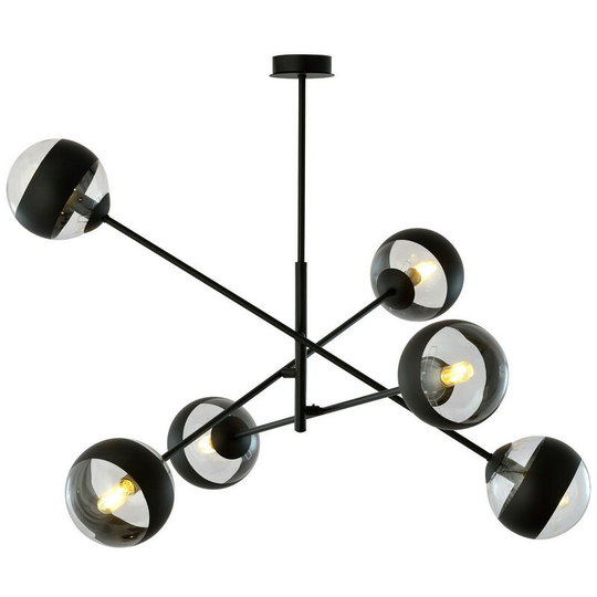 Emibig Lighting - Emibig Linear Black Multi Arm Pendant Ceiling Light with Clear,Black Glass Shades, 6x E14