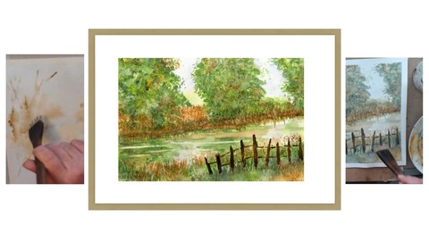 Loose Watercolour painting. River scene, loose, one brush.