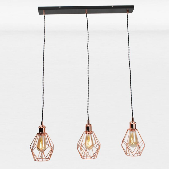 Matt Black & Copper Geometric 3 Light Bar Pendant - Matt black and polished copper plate