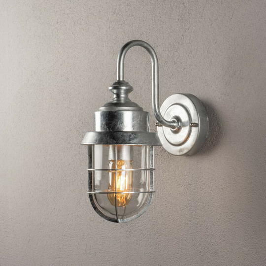 Konstsmide Cerignola Outdoor Classic Lantern Wall Light Galvanised Clear Glass E27, IP44