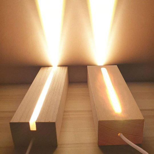 Wooden LED Light Base, 2 Pcs Desktop Display Rectangle Baseplate USB Powered Illuminated Wooden Base Stand for Glass Acrylic Plate, Warm Light