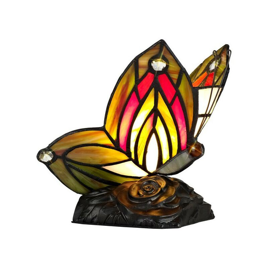 Luminosa Lighting - Tiffany Butterfly Table Lamp, 1 x E14, Black Base With Green, Red Glass With Clear Crystal