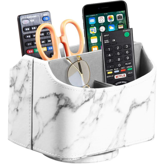 Rotating Remote Control Holder, Multimedia Organizers with 5 Compartments, Multifunctional PU Leather Desk Organizer, TV Storage Box for Remotes,