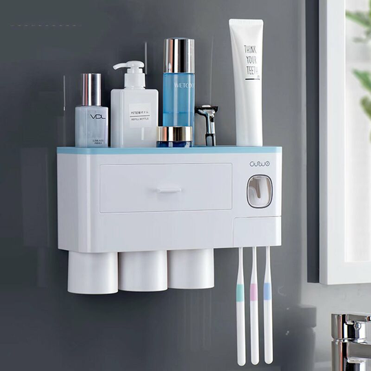 Perle Raregb - Automatic toothpaste distributor with cup, wall-mounted wall mounting, bathroom accessories set, toothbrush holder (blue)