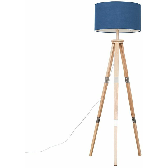 151cm Floor Lamp Wooden Tripod in Light Wood with Drum Shade - Navy + led Bulb