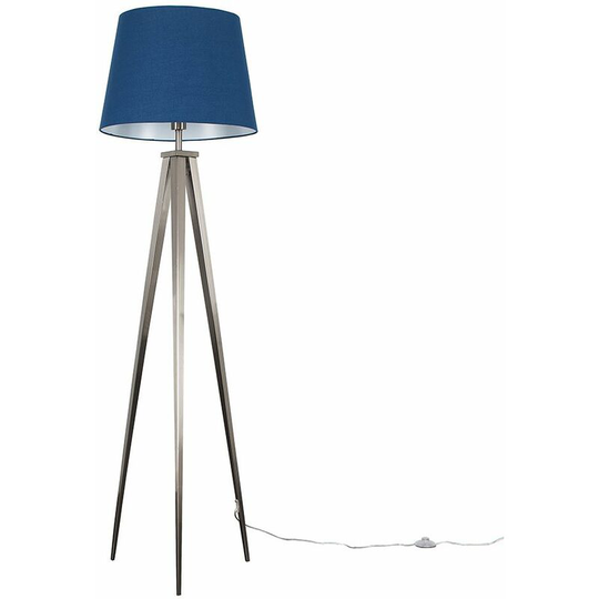Minisun - Nero Tripod Floor Lamp in Brushed Chrome with Large Tapered Shade - Navy Blue - Including led Bulb