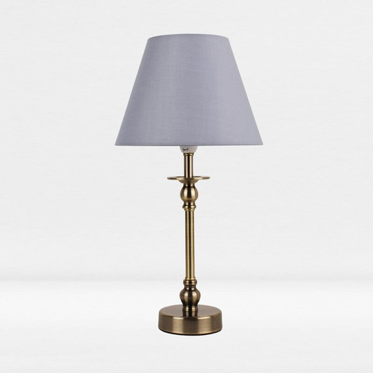First Choice Lighting - Antique Brass Plated Bedside Table Light with Ball Detail Column and Grey Fabric Shade - Antique brass plate and textured