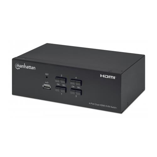 Manhattan HDMI KVM Switch 4-Port 4K@30Hz USB-A/3.5mm Audio/Mic Connections Cables included Audio Support Control 4x computers from one pc/mouse/screen USB Powered Black Three Year Warranty Boxed