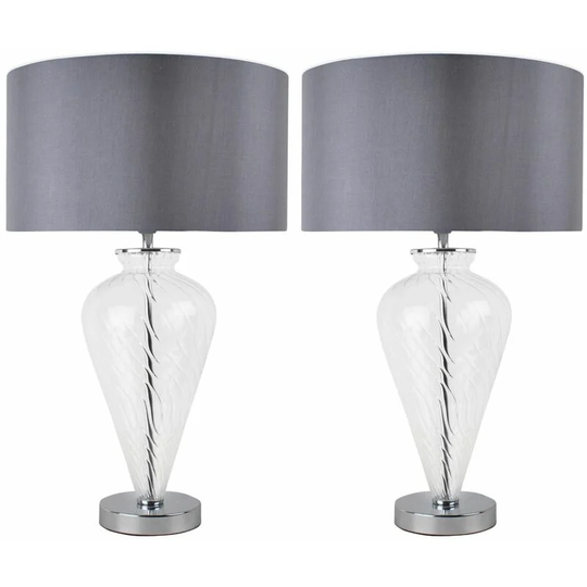 First Choice Lighting - Pair of Clear Glass Table Lamps with Grey Fabric Shades - Polished chrome plate with clear glass detail and grey taffeta
