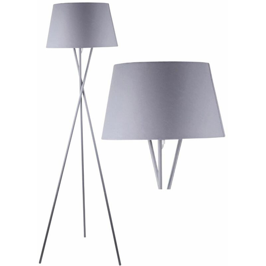Grey Tripod Floor Lamp with Grey Fabric Shade - Grey and grey cotton