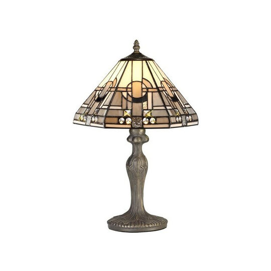 Luminosa Lighting - 1 Light Curved Table Lamp E27 With 30cm Tiffany Shade, White, Grey, Black, Clear Crystal, Aged Antique Brass