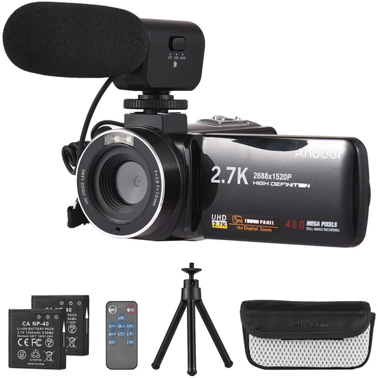 Andoer 2.7K Digital Video Camera Camcorder DV Recorder 48MP 16X Digital Zoom 3.0 Inch IPS Touch Panel Supports Face Detection Beauty Face