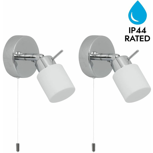 First Choice Lighting - Set of 2 Iona - Chrome Opal Glass IP44 Pull Cord Bathroom Wall Spotlights - Polished chrome plate and opal glass
