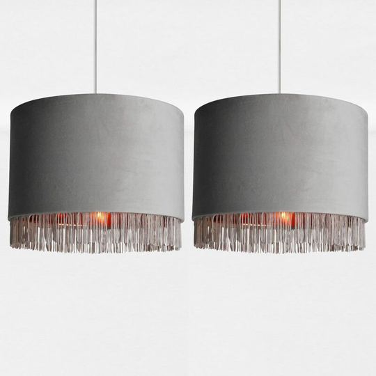 Set of 2 Grey Velvet With Copper Inner Tassled Light Shades - Grey velvet with copper inner detail