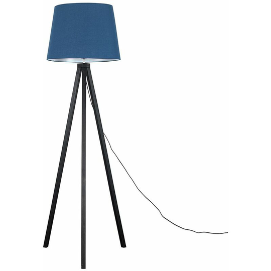 Floor Lamp Modern Wooden Tripod Light in Black with Tapered Shade - Navy Blue + led Bulb