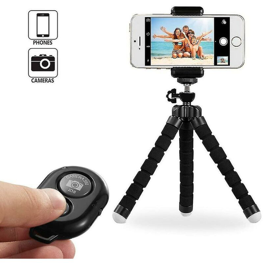 Perle Rare - Mobile Phone Tripod With Remote Control, Suitable For Iphone, Camera, Black Three-piece Set, Size: 18.5*4.2*3.6cm