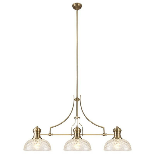 Luminosa Lighting - Linear Ceiling Pendant With 30cm Flat Round Patterned Shade, 3 x E27, Antique Brass, Clear Glass