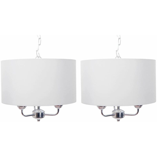 Pair of 3 Light Chrome Pendant Chandelier with Light Cream Fabric Shade - Polished chrome plate and cream cotton