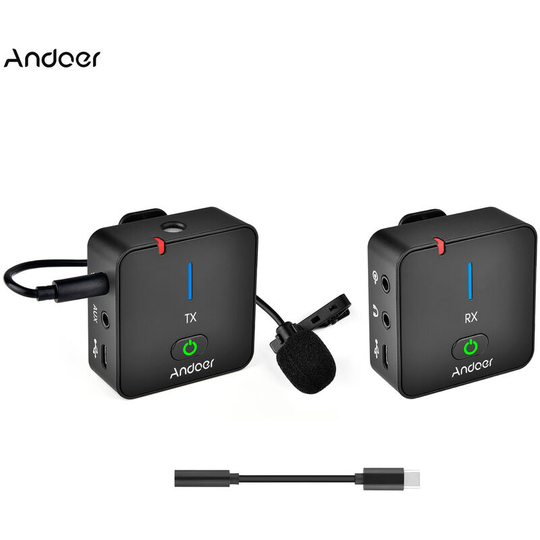 Andoer - MX5 2.4G Wireless Recording Microphone System with Transmitter Receiver Clip-on Lavalier Mic 50M Effective Range Built-in Battery for Type-C
