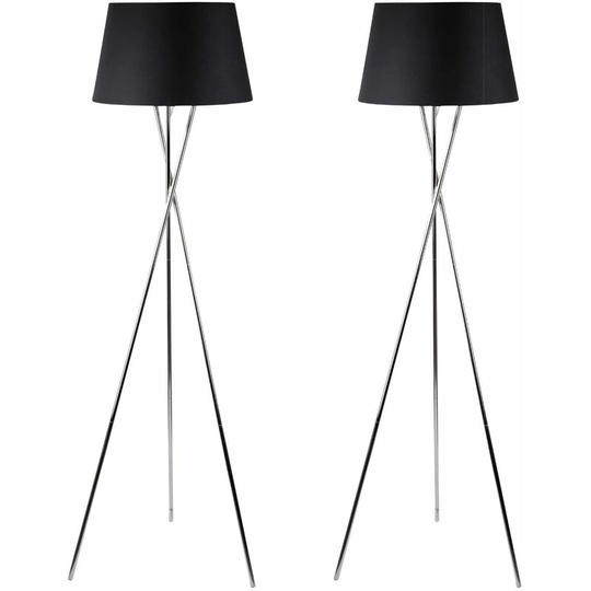 Pair Chrome Tripod Floor Lamp with Black Fabric Shade - Polished chrome plate and black cotton