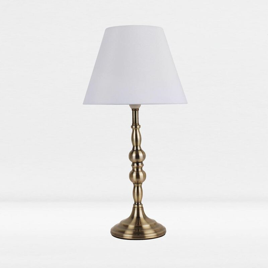 First Choice Lighting - Antique Brass Plate Bedside Table Light with Detailed Column and White Fabric Shade - Antique brass plate and textured white