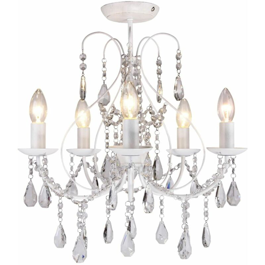 White 5 Light Crystal Chandelier - White with hand brushed silver with clear crystal glass detail